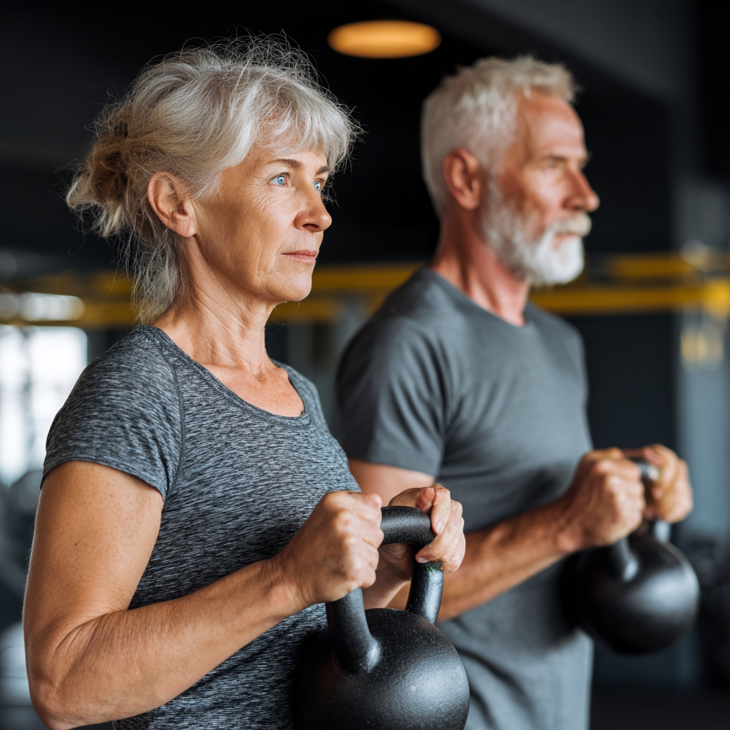 52 years woman and man exercising with kettlebells under guidance of a professional trainer in a modern fitness studio environment