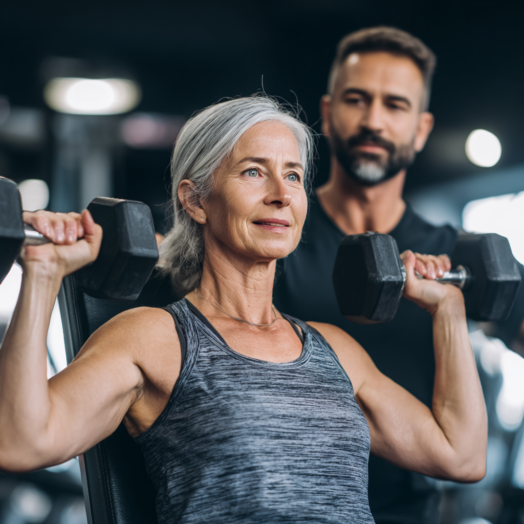 Active 50 years old woman doing strength training exercises with a professional fitness instructor in a modern gym environment