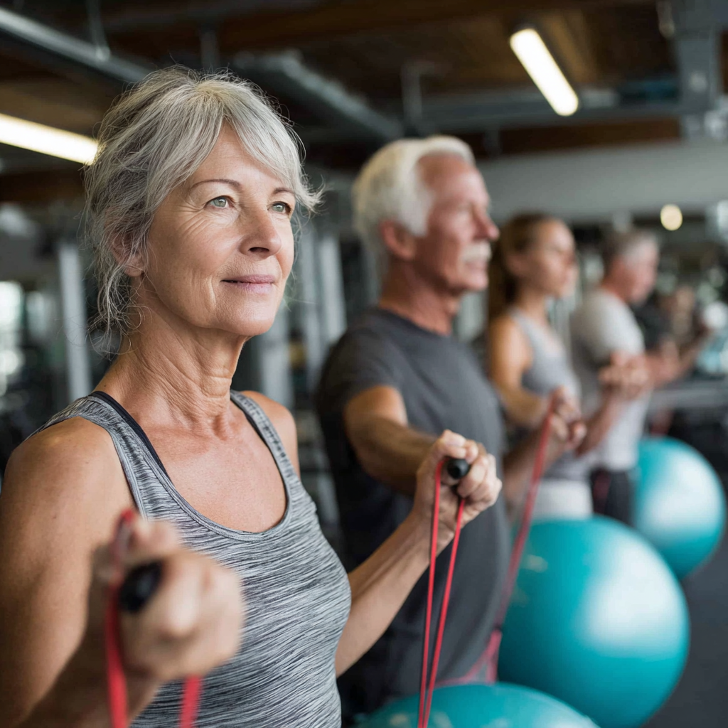 Group of 51 years old adults participating in a functional fitness class with resistance bands and stability balls in a well-equipped gym